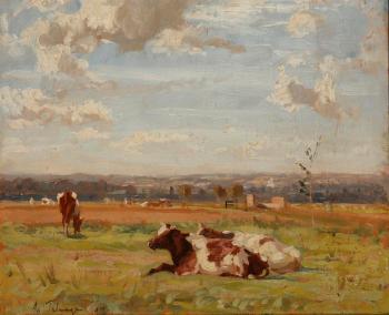 A Siesta (young steers) by 
																	Algernon Talmage