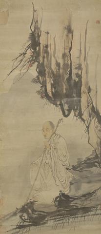 A monk holding a stick sitting under rocks by 
																	 Xinxiu Shangchan