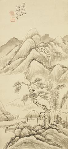 Landscape with two scholars and a hut among mountains by 
																	 Wu Deyi
