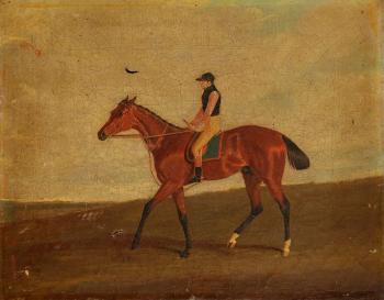 A study of the racehorse Theodore with jockey up by 
																	David Dalby of York