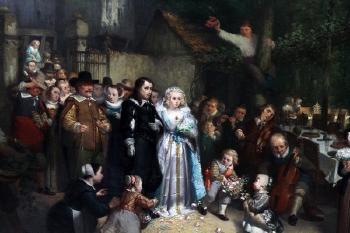 A married couple with accompanying friends and family by 
																			 Dutch School
