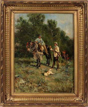 Man on mule with hunter & dog by 
																			Michel Ventiabien
