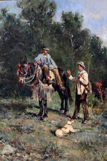 Man on mule with hunter & dog by 
																			Michel Ventiabien