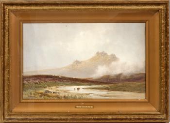 Landscape with stream & hills by 
																			Charles E Hannaford