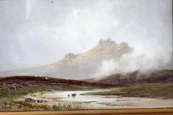 Landscape with stream & hills by 
																			Charles E Hannaford