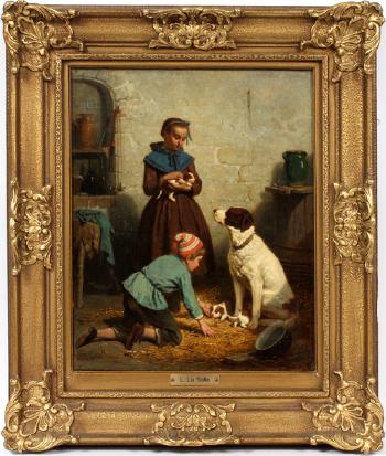 Children with mother dog and pups by 
																			Louis Simon Cabaillot Lassalle