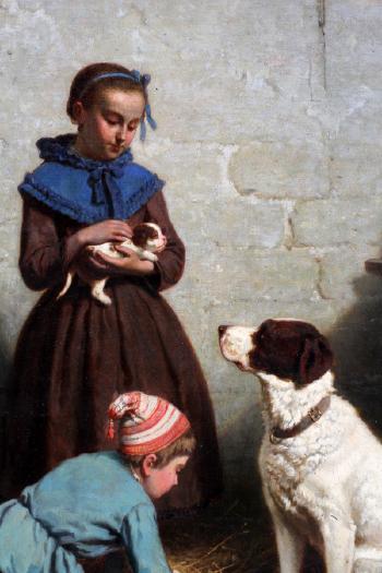 Children with mother dog and pups by 
																			Louis Simon Cabaillot Lassalle