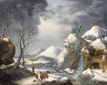 Paysage montagneux sous la neige avec des villageois en chemin, d’autres près d’une grotte by 
																	Francesco Foschi