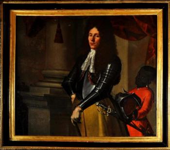 Portrait de gentilhomme en armure, accompagné de son serviteur noir, sur fond de paysage, colonne et rideau rouge orné d’un pompon by 
																	Antonio Domenico Gabbiani