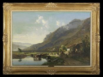 Landscape with Cattle and Figures, Mountain in the Background by 
																			Joseph Quinaux