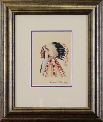 Portrait with headdress by 
																			Gerald Tailfeathers