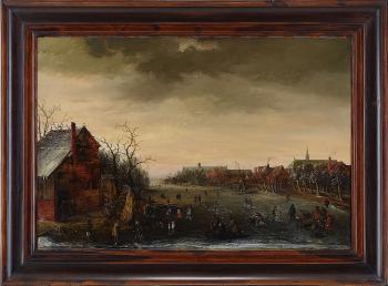 Skaters on Dutch canal landscape by 
																			Cornelis Liefrinck