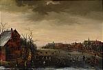 Skaters on Dutch canal landscape by 
																			Cornelis Liefrinck