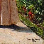 Elegant young lady in the garden walk at hollyhocks by 
																			Henri Emile de Sachy