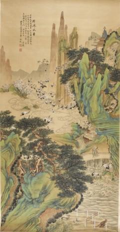 Depicting a landscape with mountains, streams, pavilions, scholars and 100 crames celebrating a birthday by 
																	 Yan Qiuhua