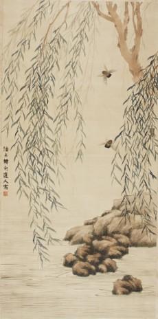 Depicting a few cicadas flying between and resting on a willow tree by 
																	 Zhou Rang