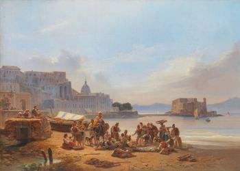 Ihren Fang feilbietende Fischer vor Neapel mit Castel dell'Ovo by 
																			Alphee de Regny