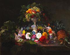 Still life with fruit and foliage in a centrepiece on a sill with flowers and fruits by 
																	Carl Vilhelm Balsgaard