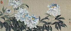 A Chinese scroll depicting blue peonies in blossom by 
																	 Pang Zuoyu