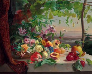 Still life with flowers and fruit on a stone sill, in the
background a river landscape by 
																	Carl Vilhelm Balsgaard