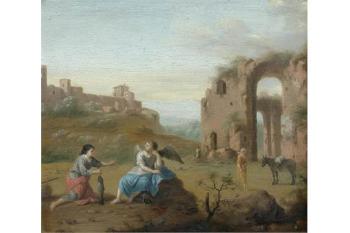 Arcadian landscape with Tobias and the Angel by 
																	Jan van Haensbergen