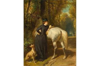 A female equestrian with dog in a park by 
																	Alexandre Josquin
