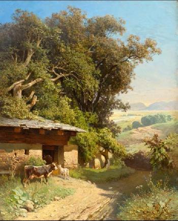 Sommerliche Landschaft mit einem Viehstall und Tieren by 
																	Sebastian Habenschaden