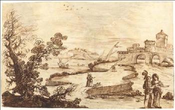 Flusslandschaft mit Personen und Castello by 
																	 Il Falsario di Guercino