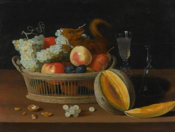 Still Life with a Basket of Fruit and a Squirrel, Glasses, and a Cut Melon on a Tabletop by 
																	Jacob van Es