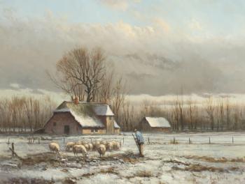 Farm scene in winter by 
																			Andre Balyon
