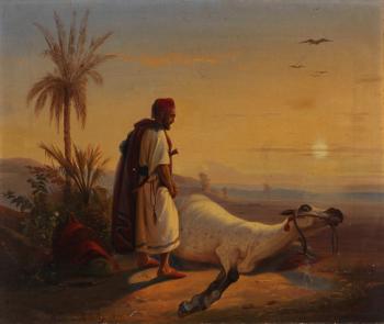 Abendstimmung über Araber und seinem Pferd by 
																	Raden Saleh