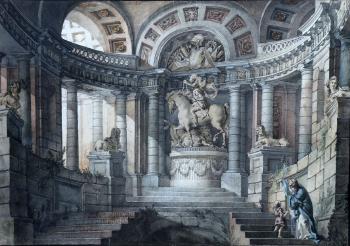 Projet d'entrée monumentale avec sculpture équestre dans un escalier baroque by 
																	George Francois Blondel