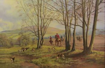 Hunting scene - hounds leaving open country by 
																			Victor Cirefice