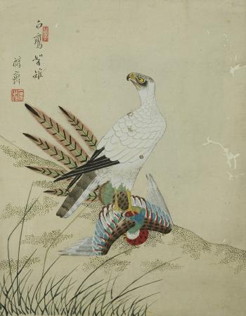 The hawk catching pheasant by 
																			 Lee Bang-woon