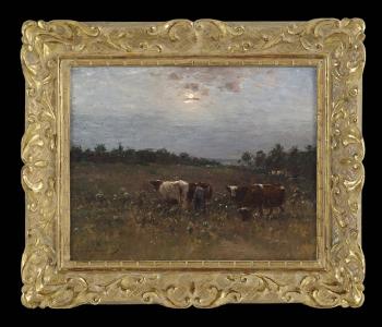 Cattle grazing at sunset by 
																			Emile van Damme-Sylva
