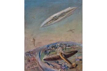 Stadtlandschaft mit Zeppelin, Flugzeug und Fallschirm by 
																	Alexandre Arkadevich Labas