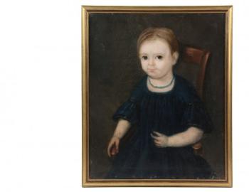 Portrait of a Young Blonde Girl Seated in a Chair, wearing a blue velvet dress and a turquoise necklace by 
																			 Legenvre
