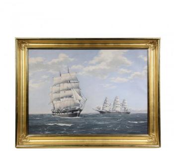 Gunboat and clipper ship at sea by 
																			Charles Fran Kenney