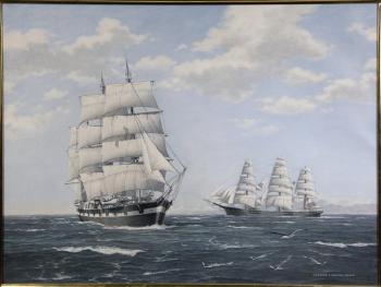 Gunboat and clipper ship at sea by 
																			Charles Fran Kenney