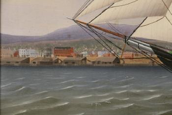 Coastal schooner Frances Hatch, (built Castine, ME in 1854, lost 1877) passing her home port of Rockland, Maine by 
																			James Gardner Babbidge