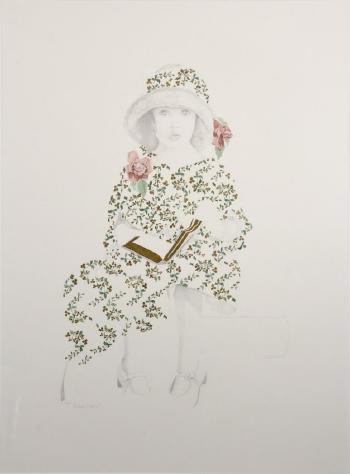 Monumental portrait of a girl in flowered dress and cloche hat, holding a book by 
																			Christine Rosamond