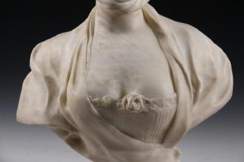 Bust Portrait of a Woman in Travel Bonnet with Rose at Decolletage by 
																			Fernand Cian