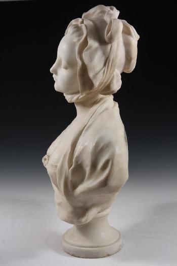 Bust Portrait of a Woman in Travel Bonnet with Rose at Decolletage by 
																			Fernand Cian