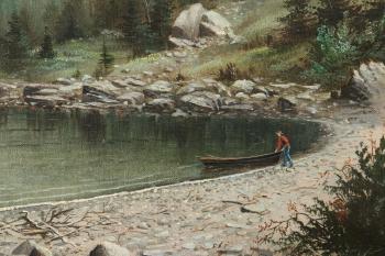 Schooner Moored in Cove, Man on Shore with Dinghy, Distant Summer House by 
																			Franklin Stanwood