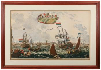 Profile of Amsterdam with the Frigate Peter en Paul and Tsar Peter the Great by 
																			Pieter van de Berge