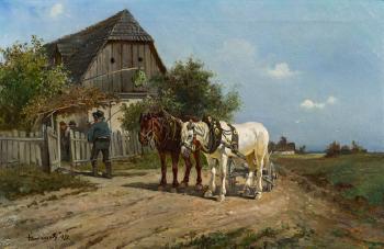 Horse and cart in front of a tavern by 
																	Ignaz Ellminger