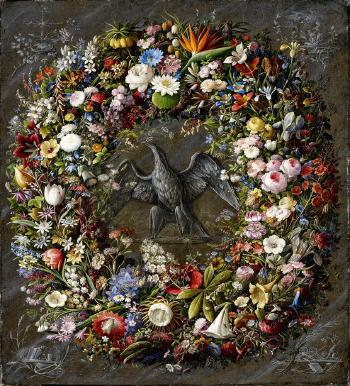 Blumenkranz mit Strelitzienblüte und Preußen-Adler by 
																	Ernst Sager