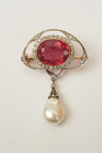 A belle epoque Brooch with a Oriental Pearl Droplet by 
																			 E Schurmann & Co