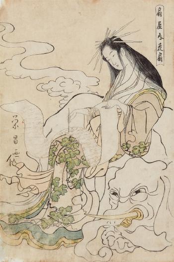 a) Ôgiya uchi Hanaôgi. The courtesan Hanaôgi as Fugen Bosatsu. b) Matsubaya uchi Utagawa. The courtesan Utagawa as a tennin with a mouth organ by 
																			Chokosai Eisho