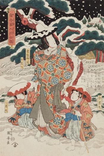 Tokiwa Gozen flying with her three small children through the snow by 
																	Utagawa Kuniyasu